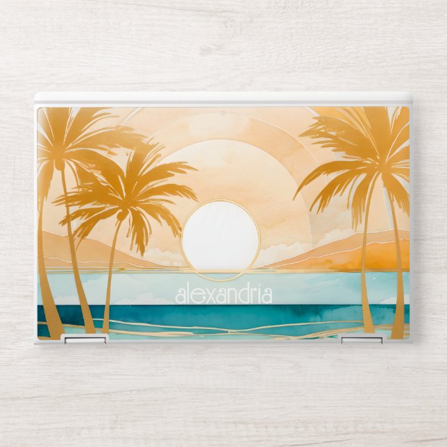 Cute Boho Gold Abstract Beach Landscape With Name HP Laptop Skin (Front)