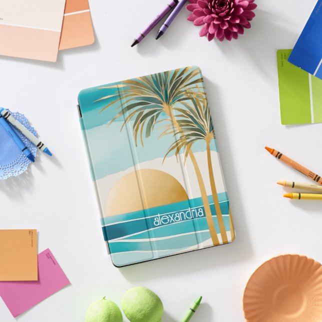 Cute Boho Gold Abstract Beach Landscape With Name iPad Pro Cover (Desk)