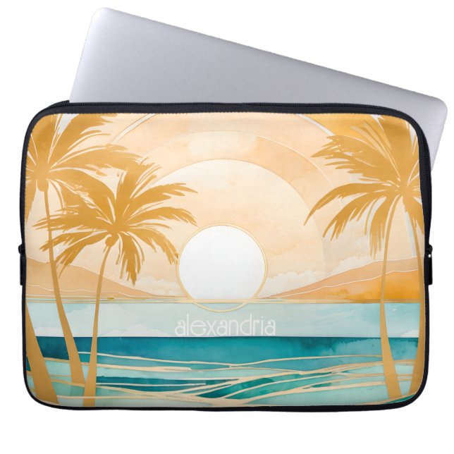 Cute Boho Gold Abstract Beach Landscape With Name Laptop Sleeve (Front)