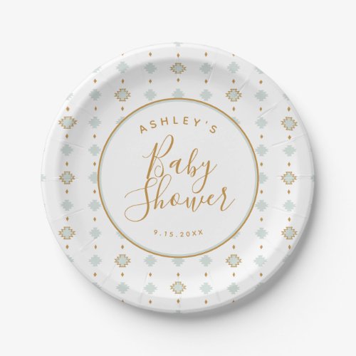 Cute Boho Green and Gold Color Aztec Pattern Paper Plates