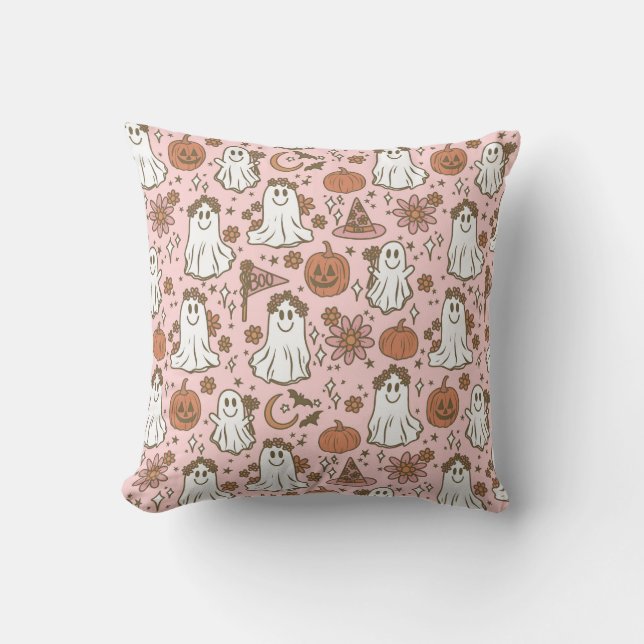 Cute Boho Halloween Ghosts Pumpkins Pink Floral Throw Pillow (Front)