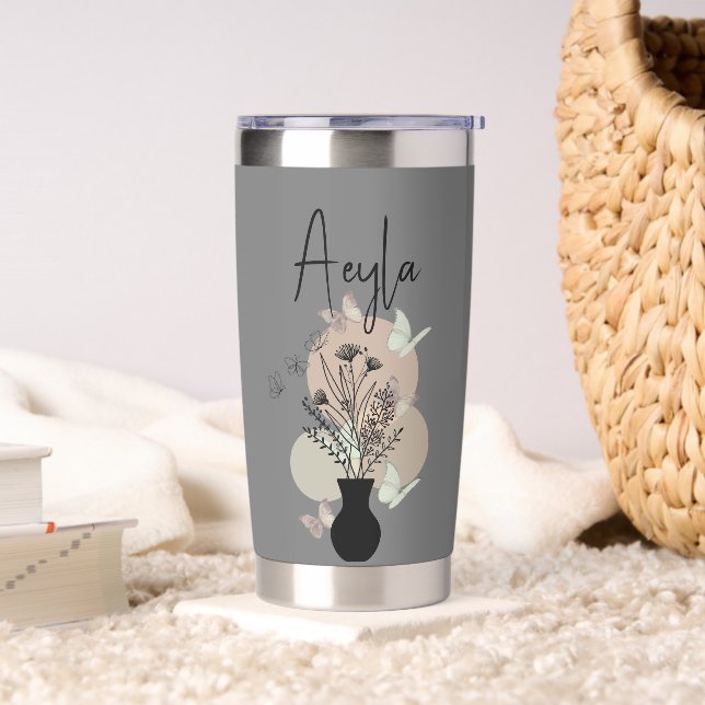 Cute Boho Line Art Flowers and Butterflies Gray Insulated Tumbler (Living Room)