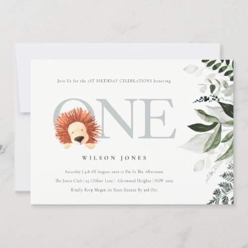 Cute Boho Lion Foliage 1st First Birthday Invite