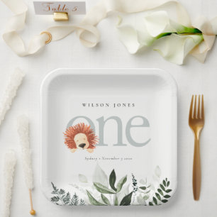 Cute Boho Lion Foliage 1st First Birthday Party Paper Plates