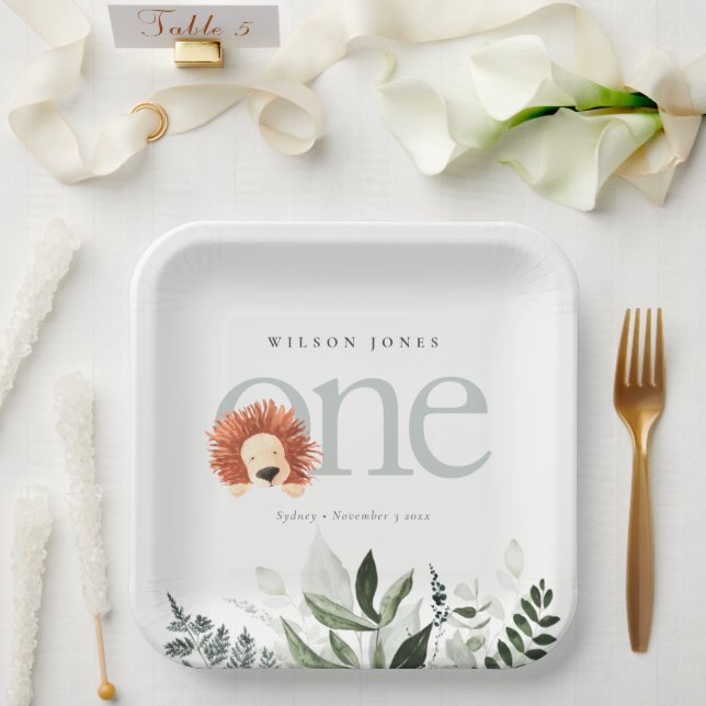 Cute Boho Lion Foliage 1st First Birthday Party Paper Plates (Wedding)