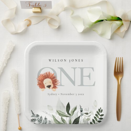 Cute Boho Lion Foliage 1st First Birthday Party Paper Plates