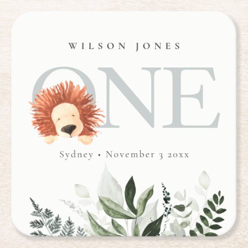 Cute Boho Lion Foliage 1st First Birthday Party Square Paper Coaster