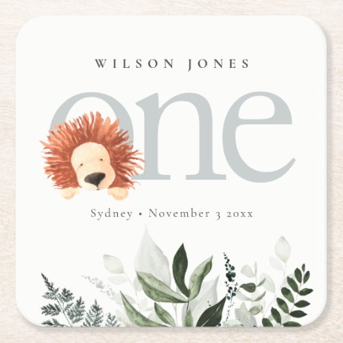 Cute Boho Lion Foliage 1st First Birthday Party Square Paper Coaster
