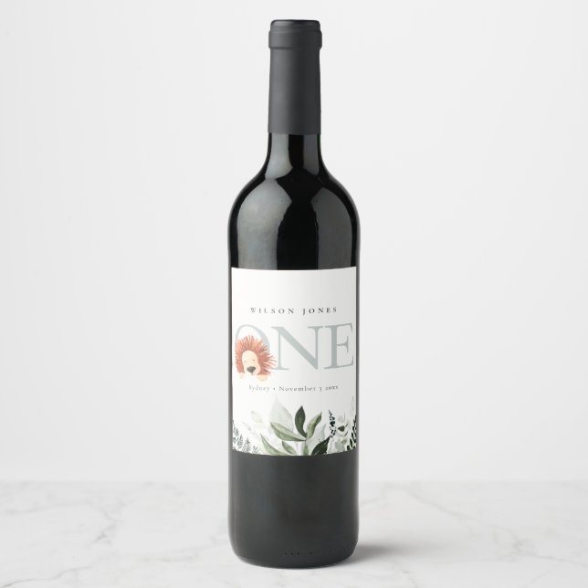 Cute Boho Lion Foliage 1st First Birthday Party Wine Label (Front)
