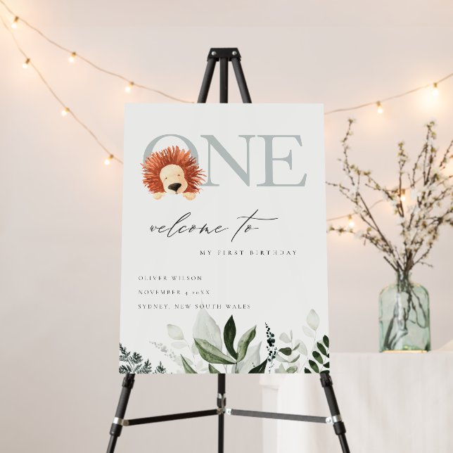 Cute Boho Lion Foliage 1st First Birthday Welcome Foam Board (In Situ (Stand))