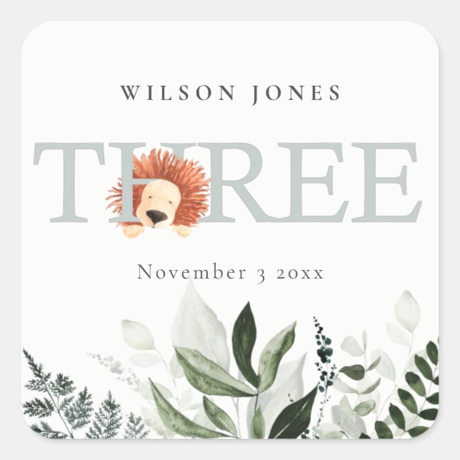 Cute Boho Lion Foliage 3rd Third Birthday Party Square Sticker (Front)