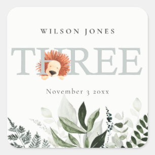 Cute Boho Lion Foliage 3rd Third Birthday Party Square Sticker