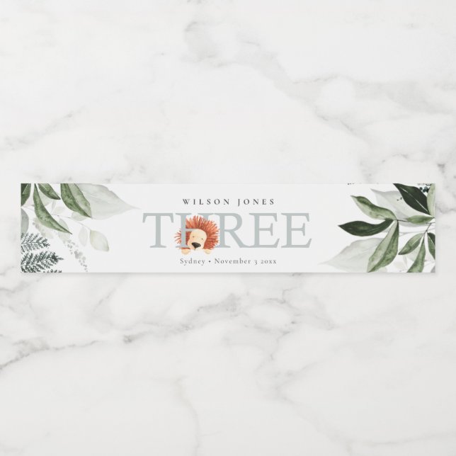 Cute Boho Lion Foliage 3rd Third Birthday Party Water Bottle Label (Single Label)