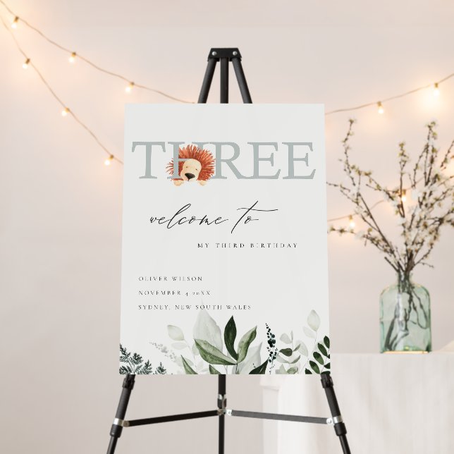 Cute Boho Lion Foliage 3rd Third Birthday Welcome Foam Board (In Situ (Stand))