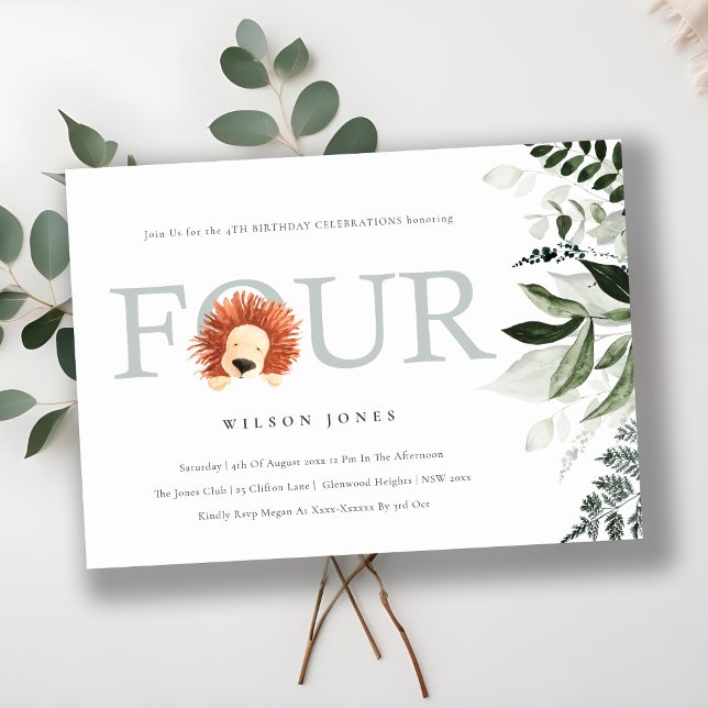 Cute Boho Lion Foliage 4th Fourth Birthday Invite (Creator Uploaded)