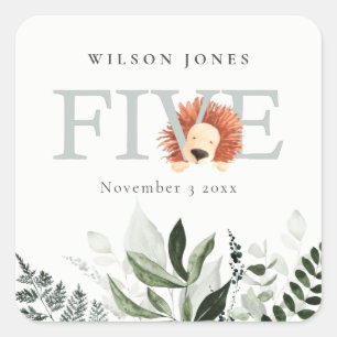 Cute Boho Lion Foliage 5th Fifth Birthday Party Square Sticker