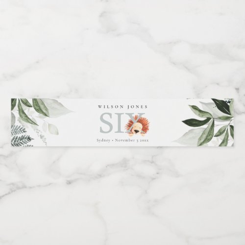 Cute Boho Lion Foliage 6th Sixth Birthday Party Water Bottle Label