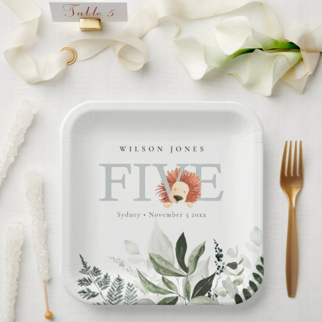 Cute Boho Lion Foliage Fifth 5th Birthday Party Paper Plates (Wedding)
