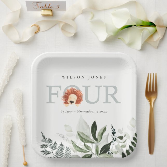 Cute Boho Lion Foliage Fourth 4th Birthday Party Paper Plates (Wedding)