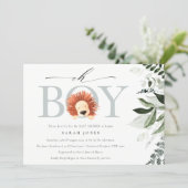 Cute Boho Lion Foliage Oh Boy Baby Shower Invite (Standing Front)