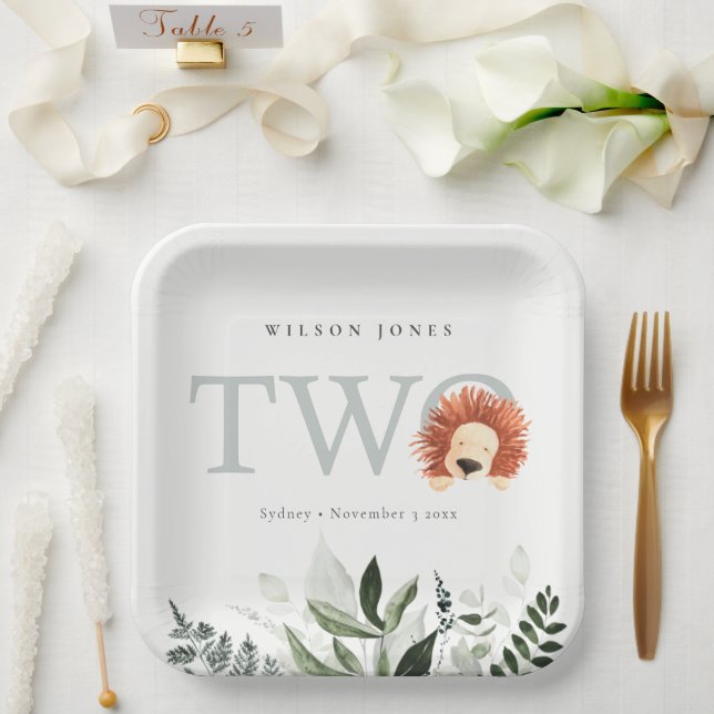 Cute Boho Lion Foliage Second Birthday Party Paper Plates (Wedding)