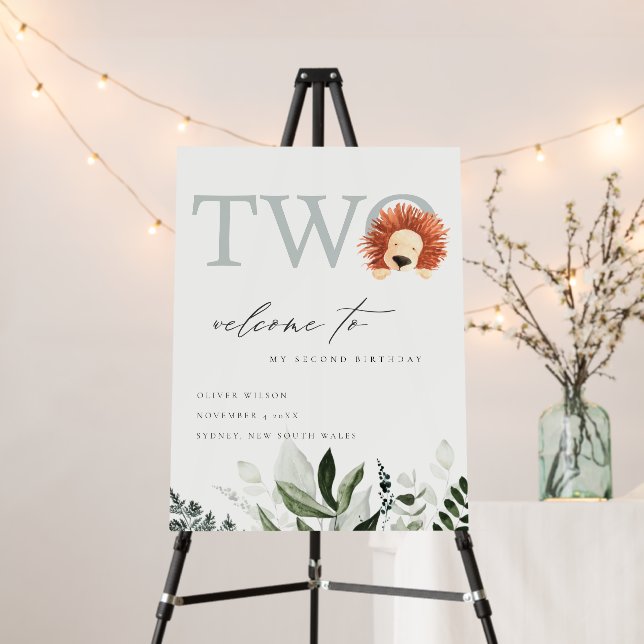 Cute Boho Lion Foliage Second Birthday Welcome Foam Board (In Situ (Stand))