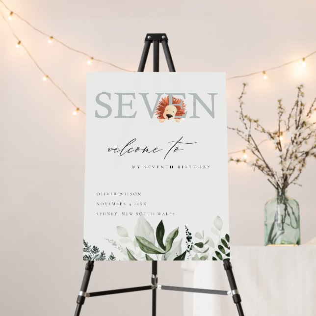 Cute Boho Lion Foliage Seven 7th Birthday Welcome Foam Board (In Situ (Stand))