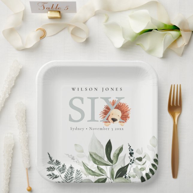 Cute Boho Lion Foliage Sixth 6th Birthday Party Paper Plates (Wedding)