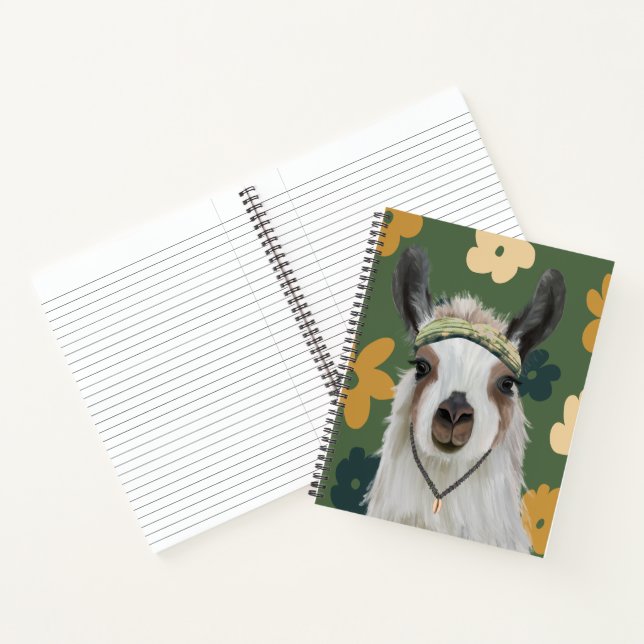 Cute Boho Llama - Green Retro Flowers Notebook (Inside)