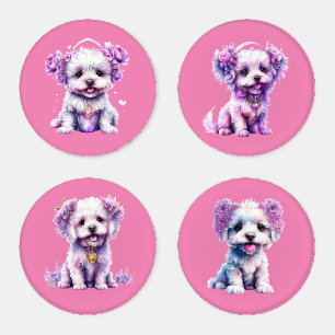 Cute Boho Maltese With Flowers Pink Coaster Set
