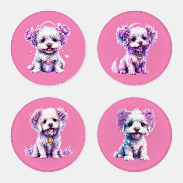 Cute Boho Maltese With Flowers Pink Coaster Set (Set)