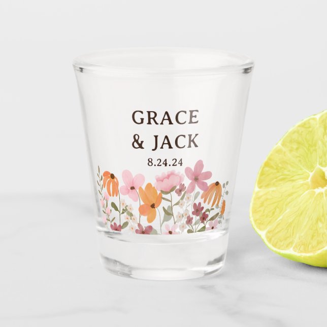 Cute boho meadow little wildflower bridal shower shot glass (Front)