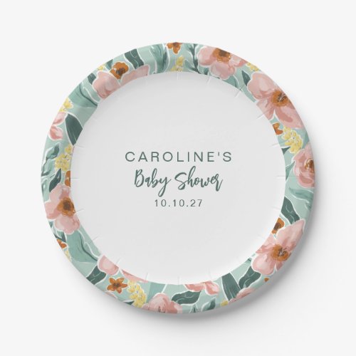 Cute Boho Mint Sage Pink Floral Custom Baby Shower Paper Plates