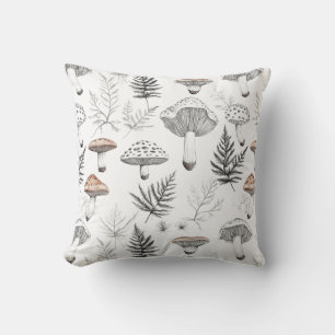 Cute Boho Mushrooms Leaves Botanical Throw Pillow