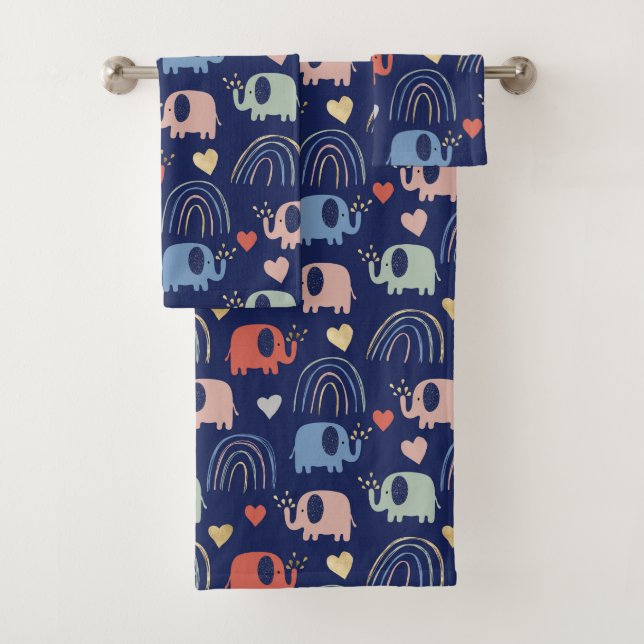 Cute Boho Navy Blue Elephant Pattern Bath Towel Set (Insitu)