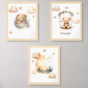 Cute boho neutral teddy bear pilot 3 part wall art sets