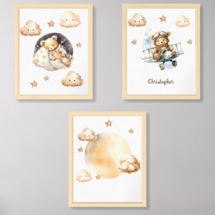 Cute boho neutral teddy bear pilot 3 part wall art sets