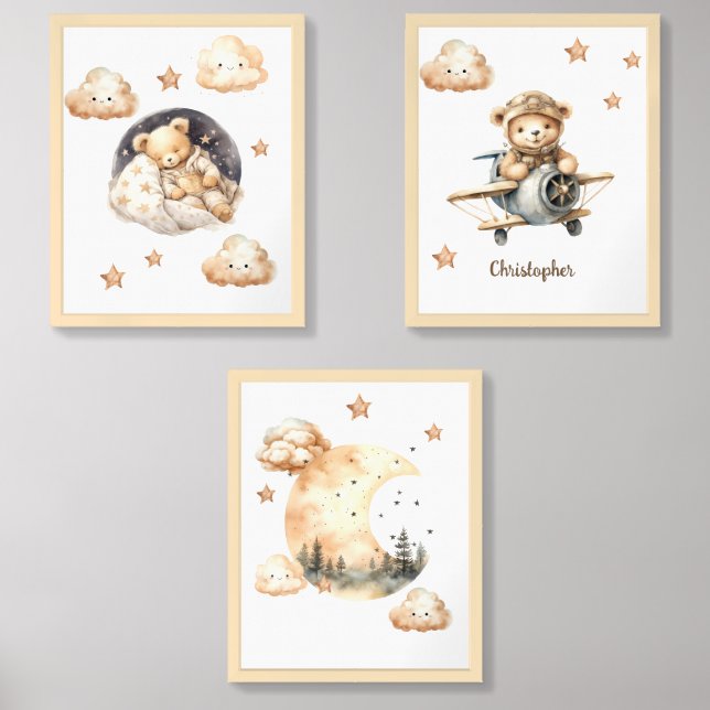 Cute boho neutral teddy bear pilot 3 part wall art wall art sets (Front)