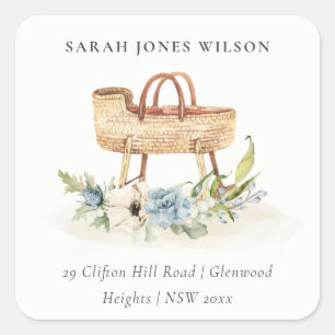 Cute Boho Nursery Blue Floral Bassinet Address Square Sticker