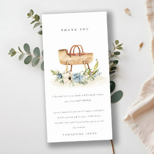 Cute Boho Nursery Blue Floral Bassinet Baby Shower Thank You Card