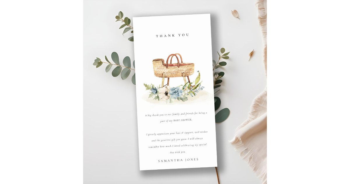 Cute Boho Nursery Blue Floral Bassinet Baby Shower Thank You Card | Zazzle