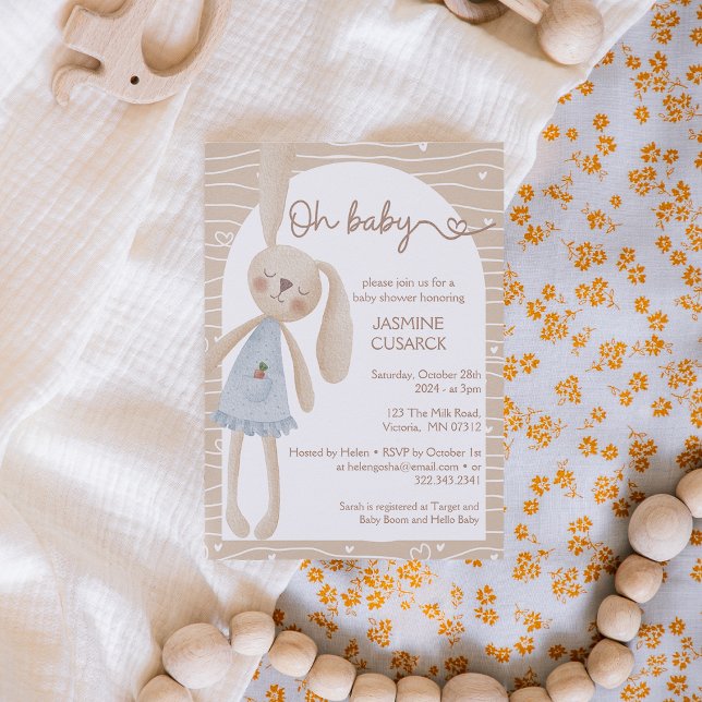 Cute Boho Oh Baby Bunny Hearts Baby Shower  Invitation (Creator Uploaded)