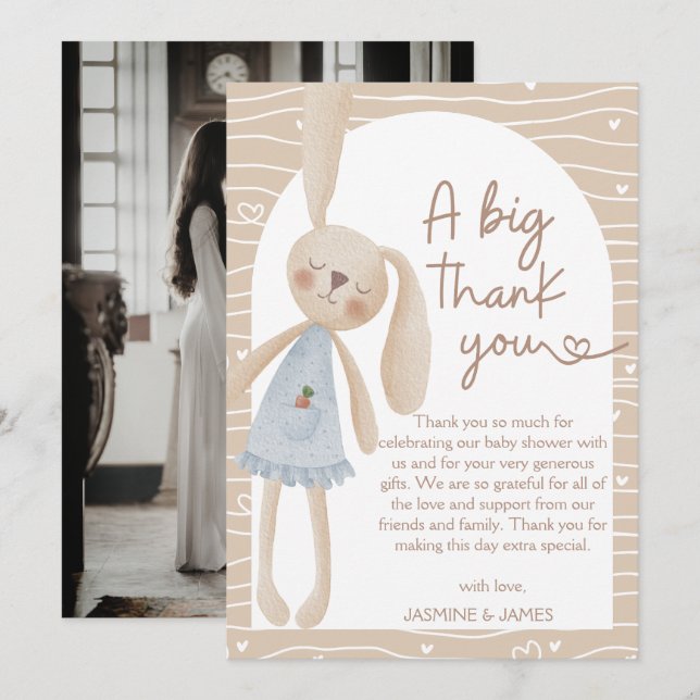 Cute Boho Oh Baby Bunny Hearts Baby Shower  Thank You Card (Front/Back)