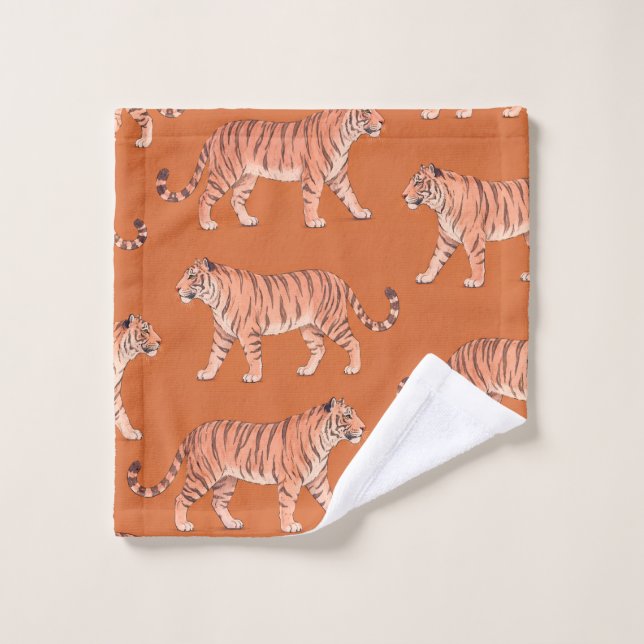 Cute Boho Orange and Pink Tiger Art Pattern Bath T Towel Set (Wash Cloth)