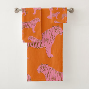 Cute Boho Orange and Pink Tiger Art Pattern Bath Towel Set
