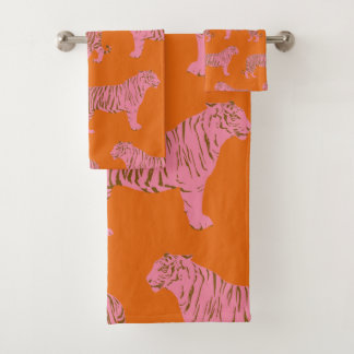 Cute Boho Orange and Pink Tiger Art Pattern Bath Towel Set