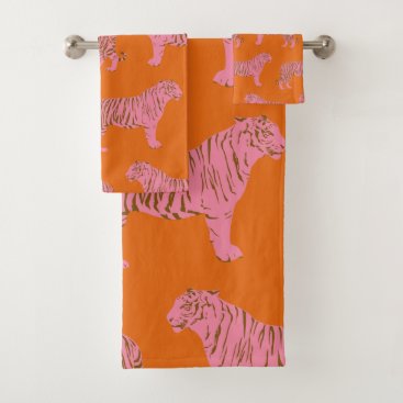 Cute Boho Orange and Pink Tiger Art Pattern Bath Towel Set
