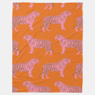 Cute Boho Orange and Pink Tiger Art Pattern Fleece Blanket