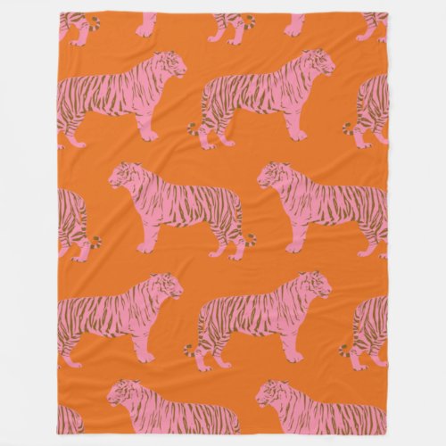 Cute Boho Orange and Pink Tiger Art Pattern Fleece Blanket