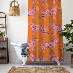 Cute Boho Orange and Pink Tiger Art Pattern Shower Curtain